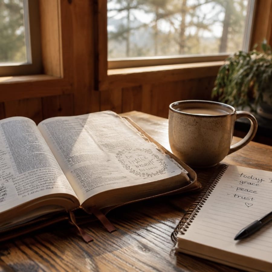 Open Bible and notebook with handwritten notes beside a ceramic mug by a forest window