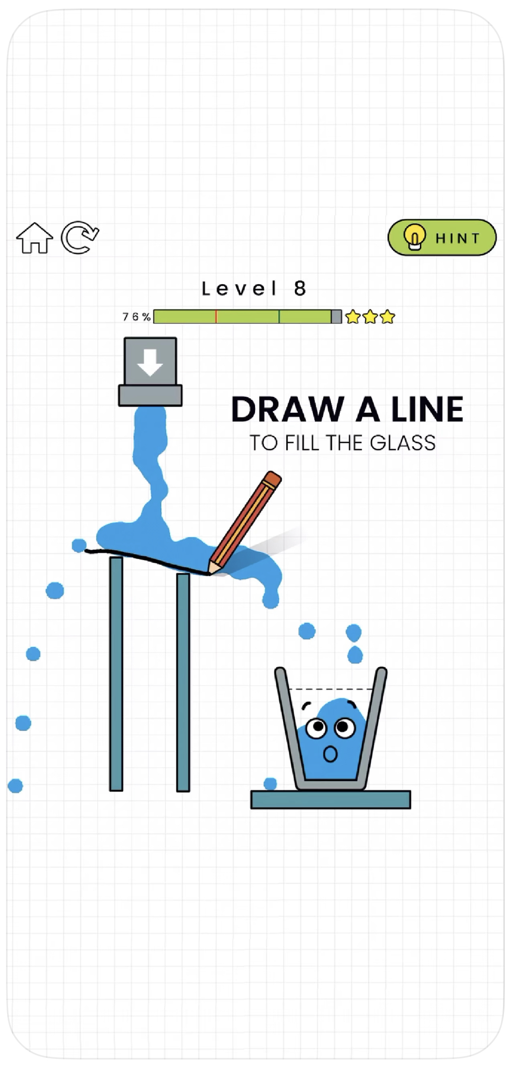 happy glass apple app store screenshot with the text "draw a line to fill the glass"