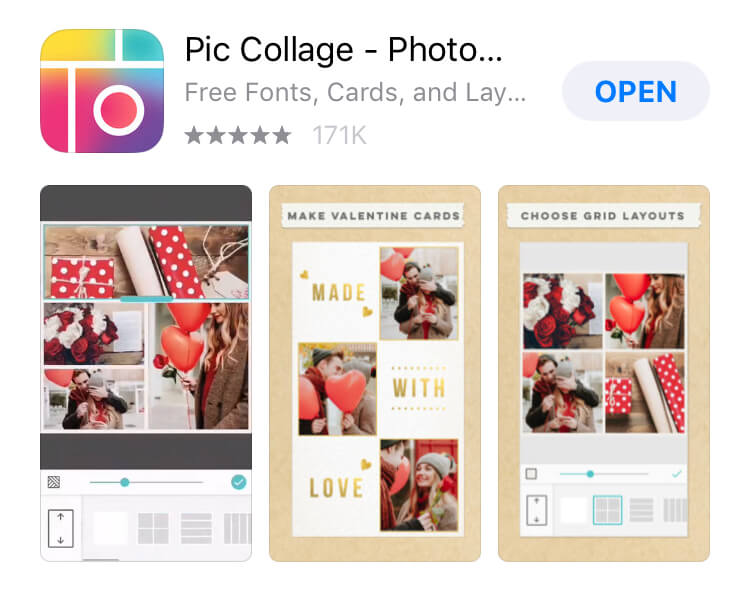 Pic Collage app store listing showing a rainbow icon and app screenshots