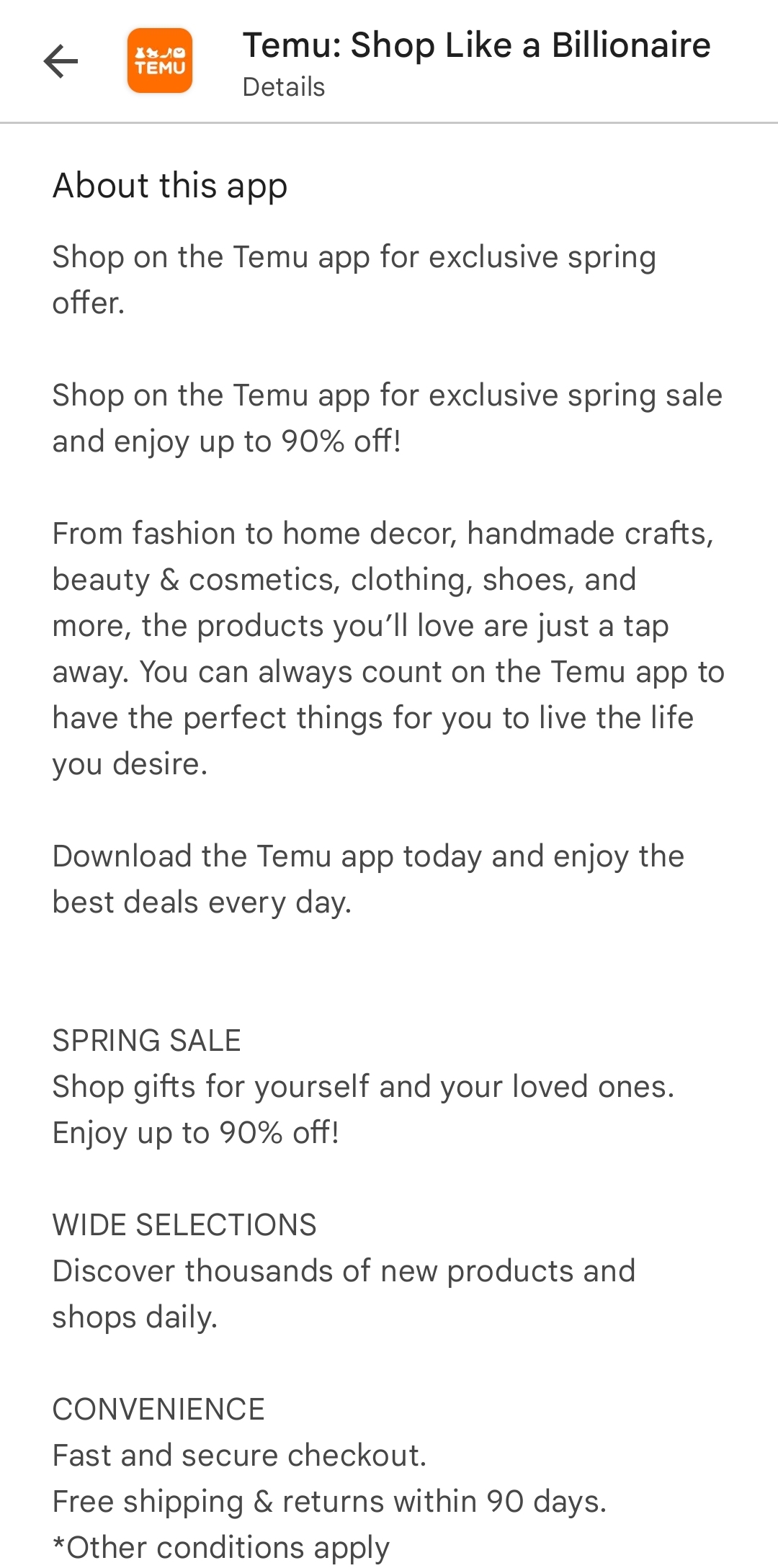 temu shopping app google play store description