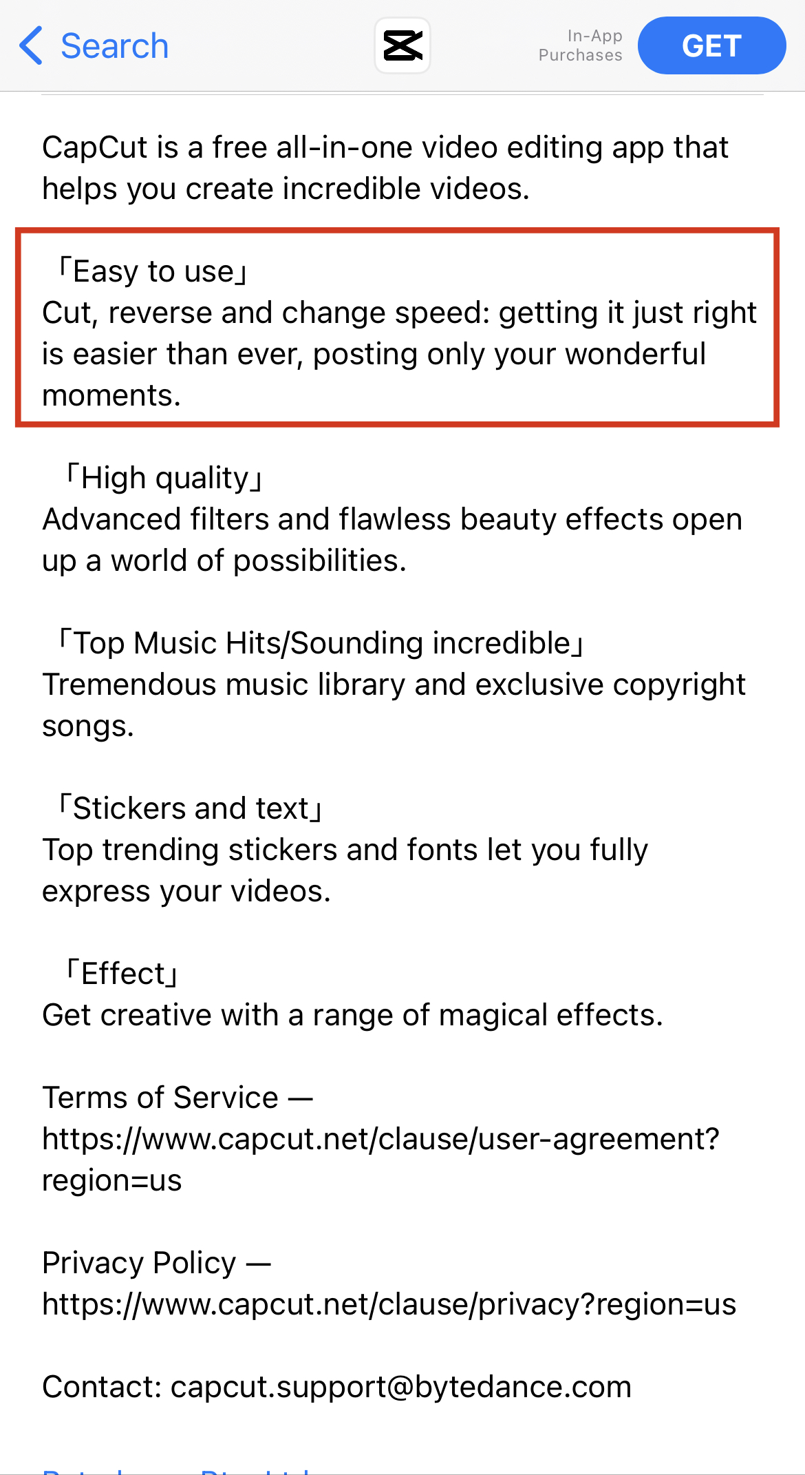 capcut app store description snippet with the "easy to use" section highlighted