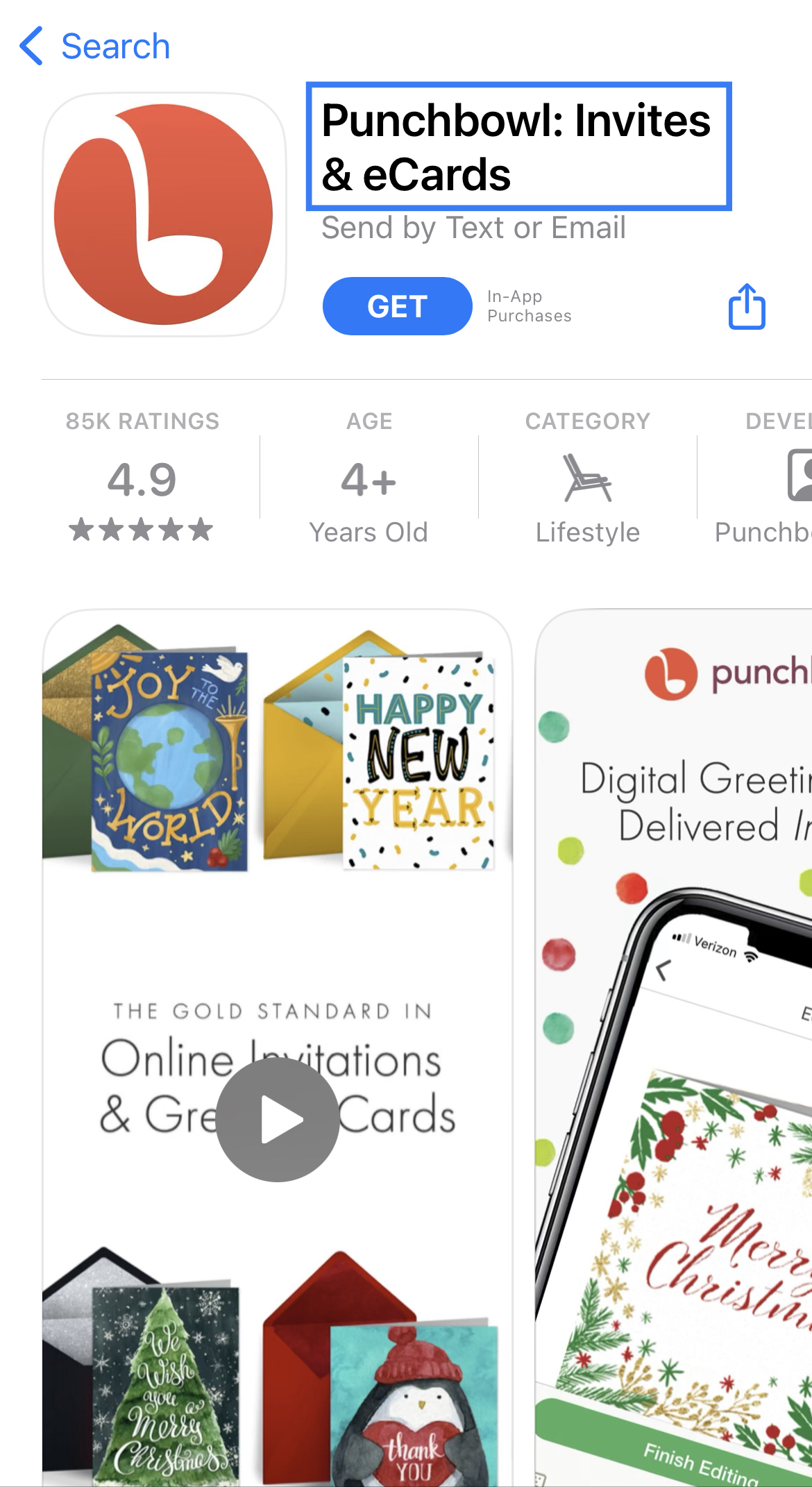 punchbowl: invites and ecards apple app store listing with a blue box highlighting the app title