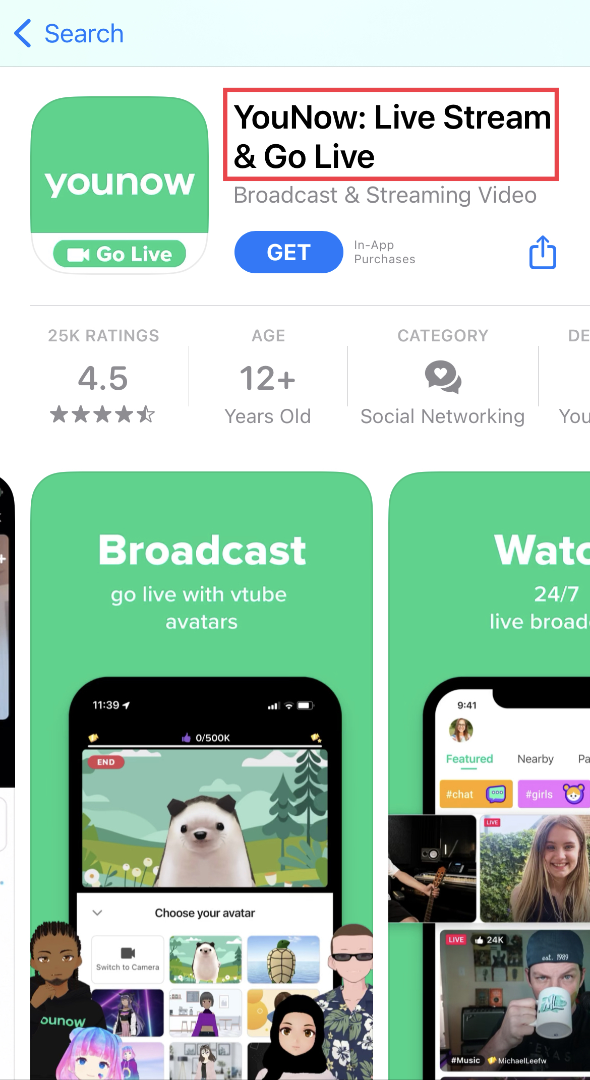 you now streaming app store listing with app title highlighted