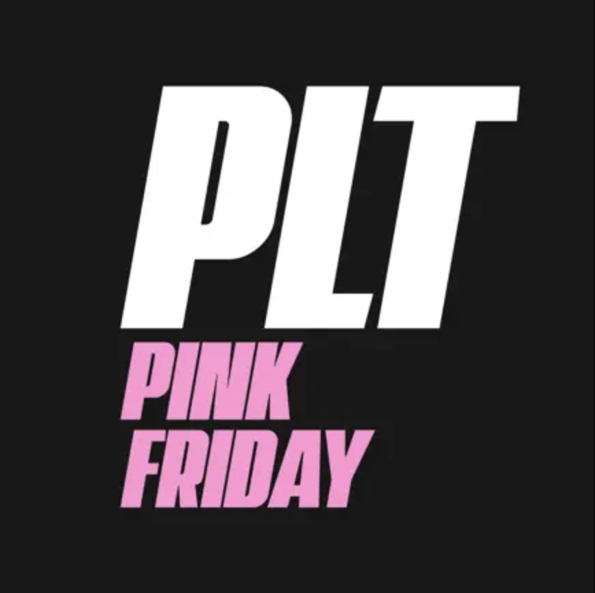 pretty little thing plt black friday 2022 icon with black pink and white letters