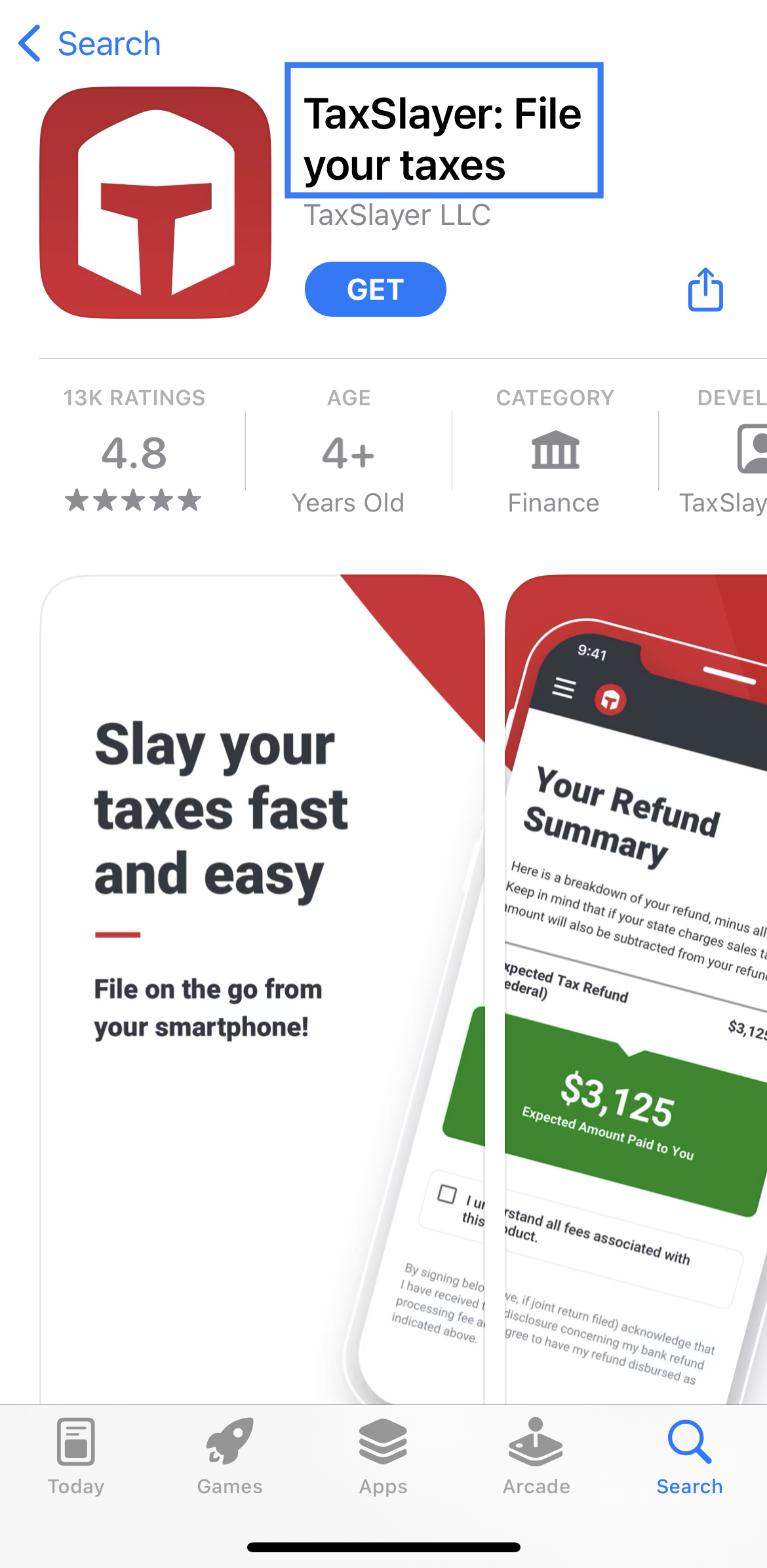 taxslayer app store title highlighted with blue box