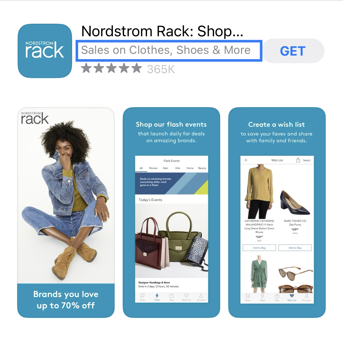 nodstrom rack Apple app store listing with subtitle highlighted in a blue box