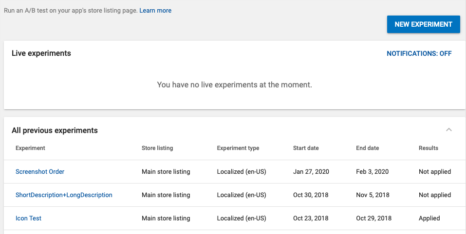 google play experiment new experiment menu showing live and previous experiments