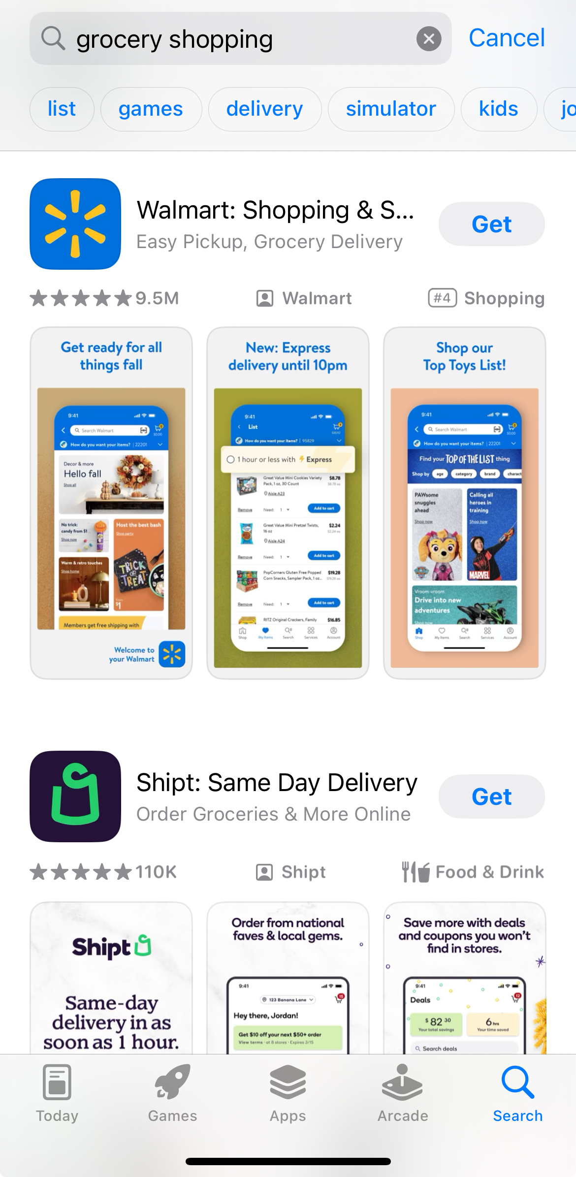 app store grocery shopping search results