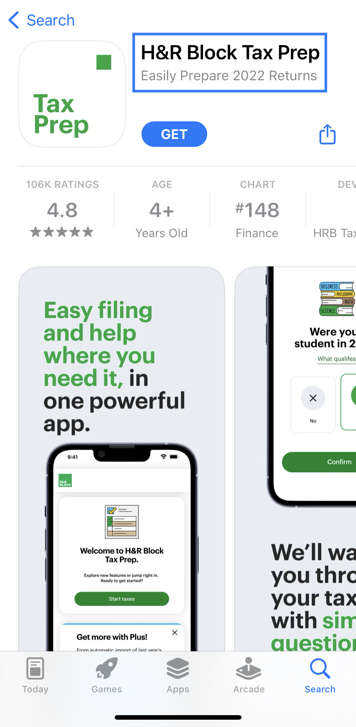 h&r block app store title and subtitle highlighted in a blue blox