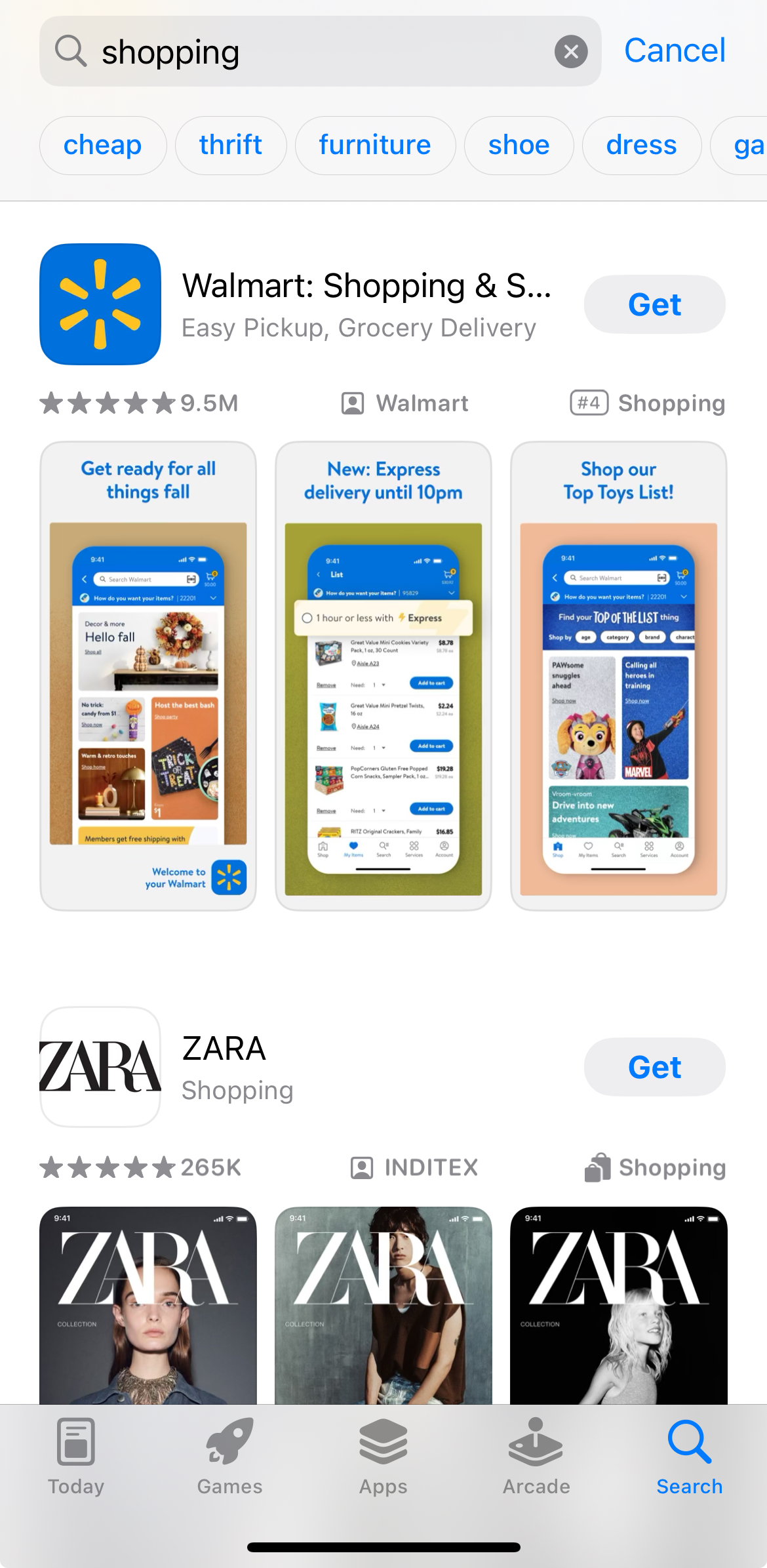 apple app store shopping apps search results walmart and zara