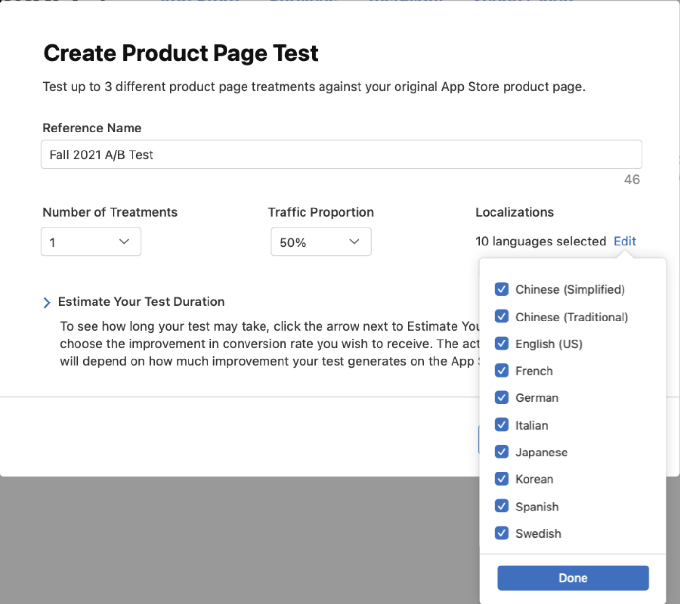 apple product page test set up with dropdown menu for localization languages