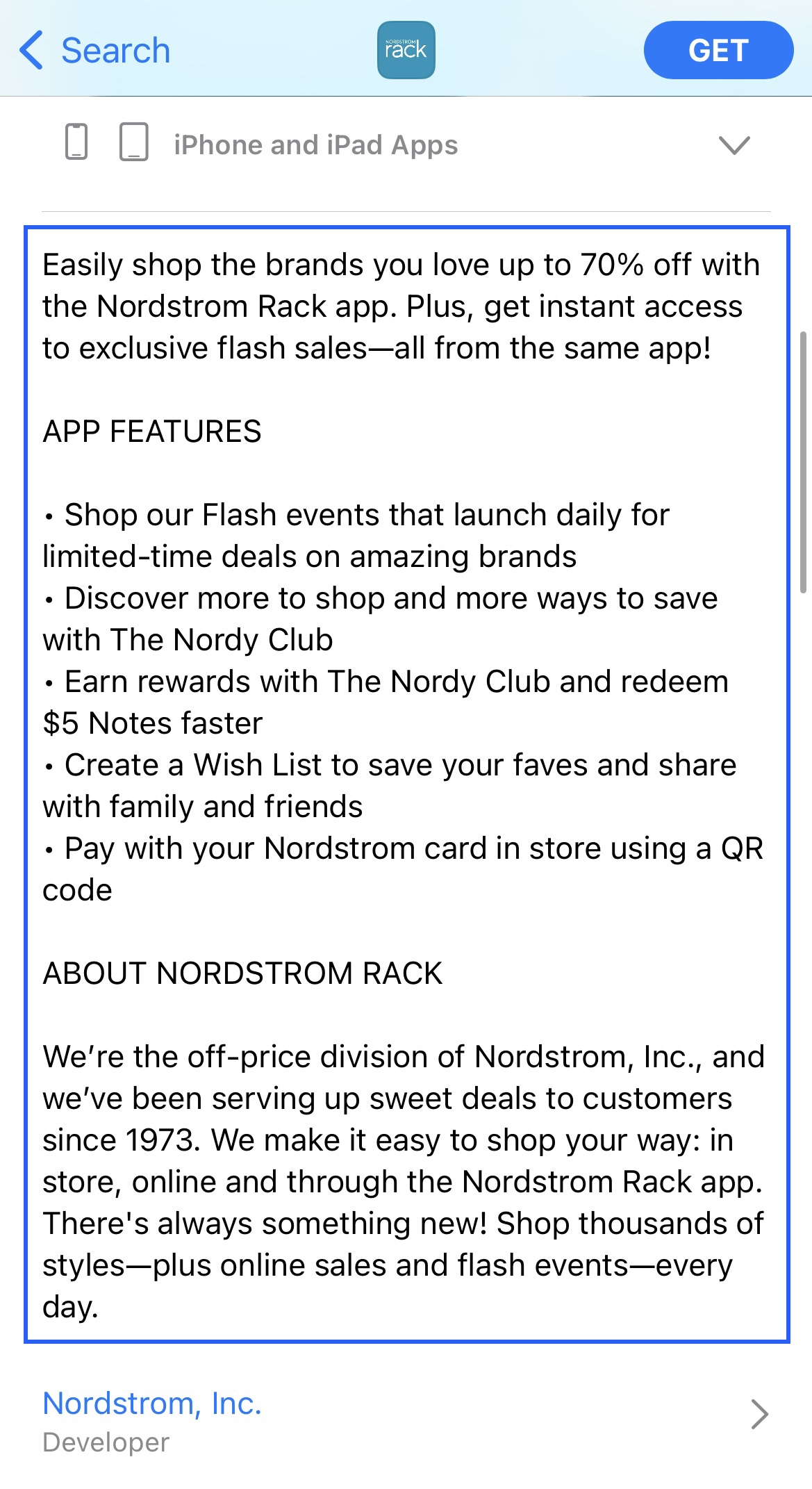 nordstrom rack apple app store description highlighted in a blue box