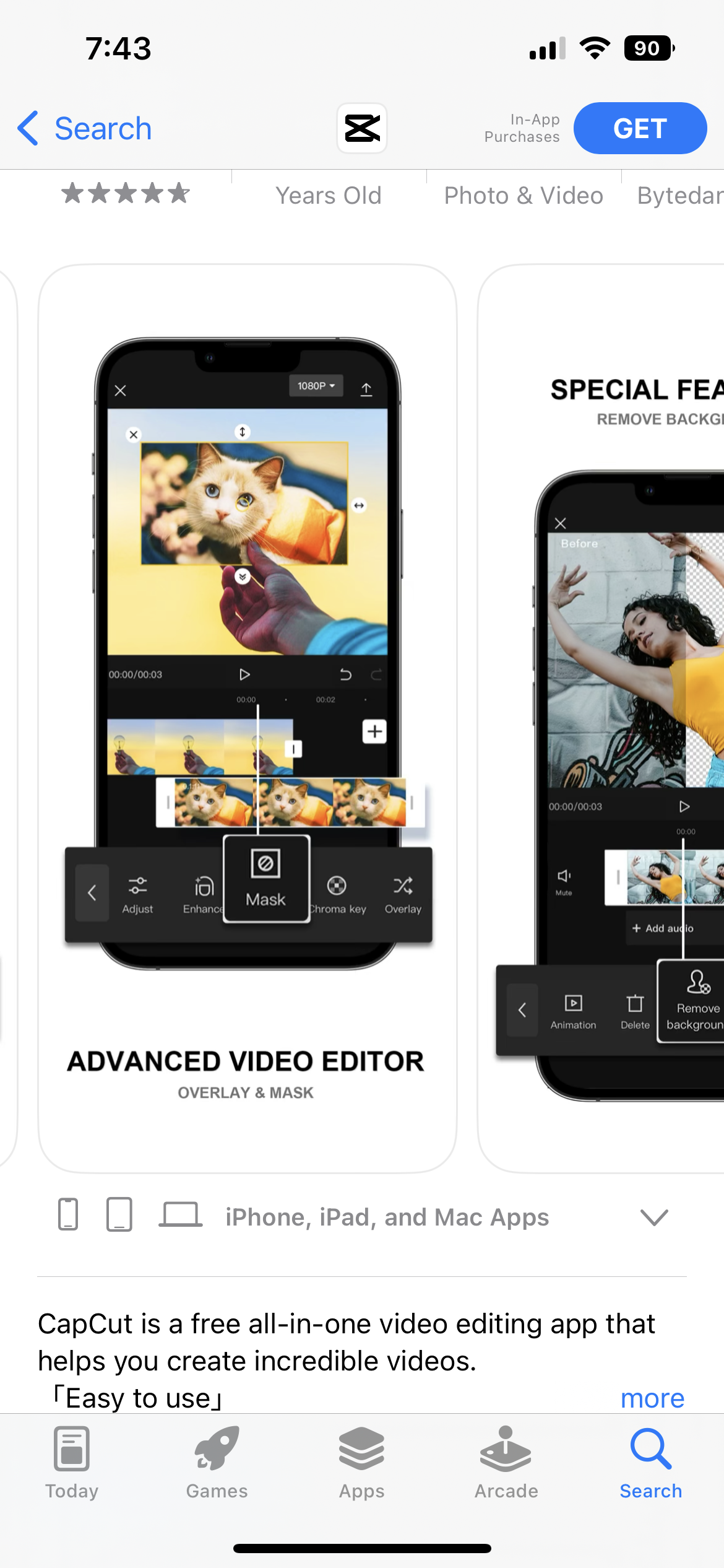 Capcut app store screenshot highlighting "advanced video editor"