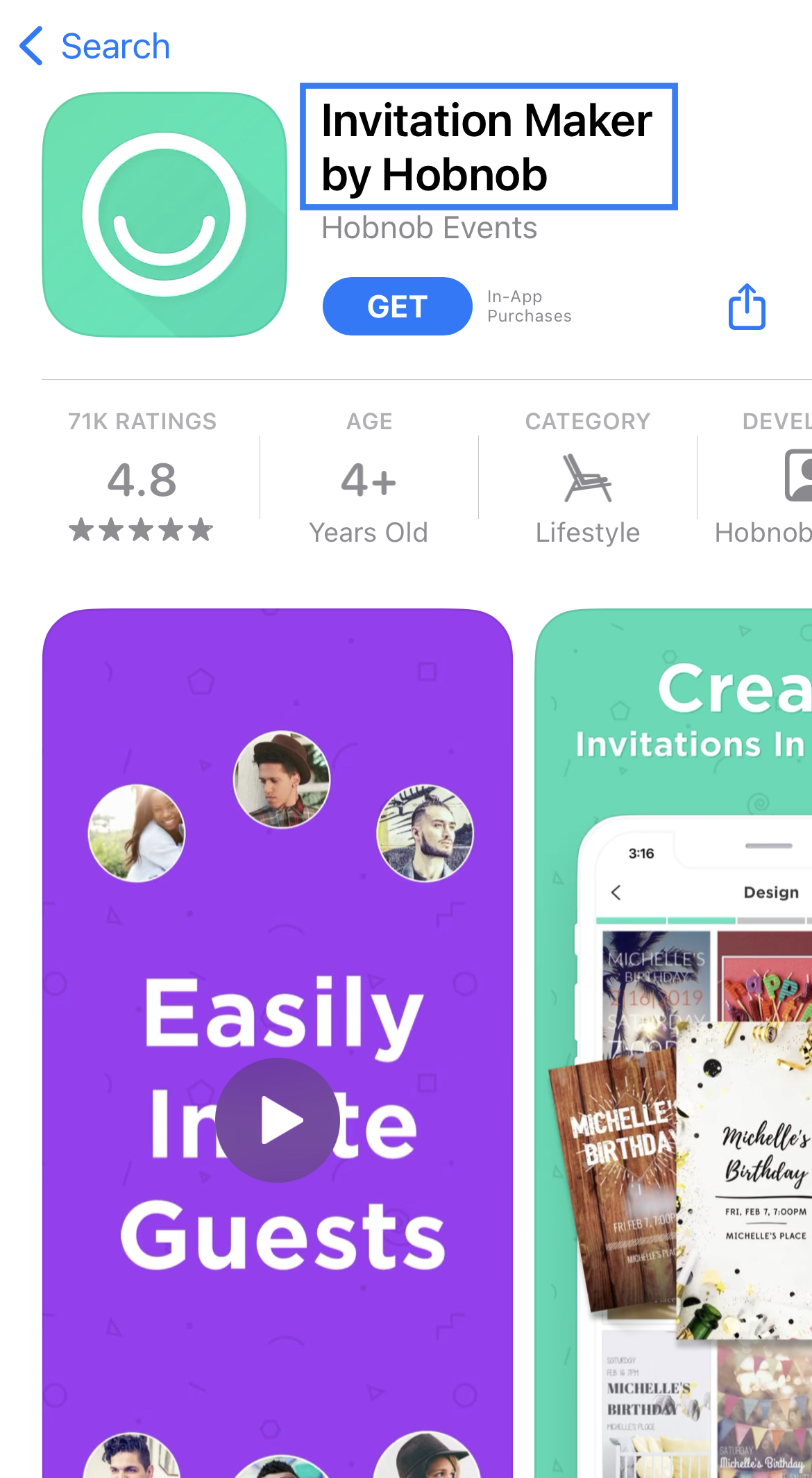 invitation maker by hobnob apple app store listing with app title highlighted by a blue box