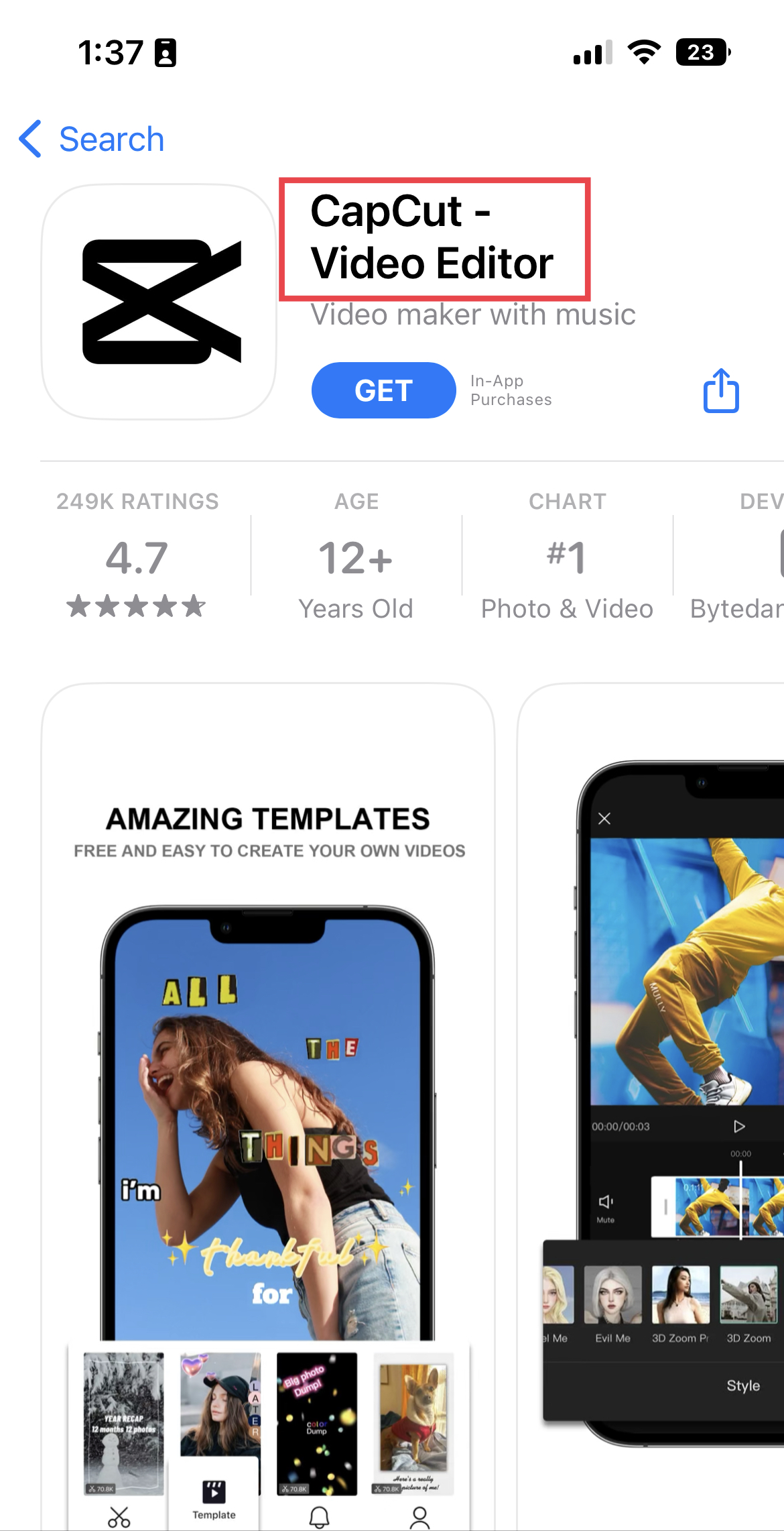 CapCut App Store title with a red box surrounding it