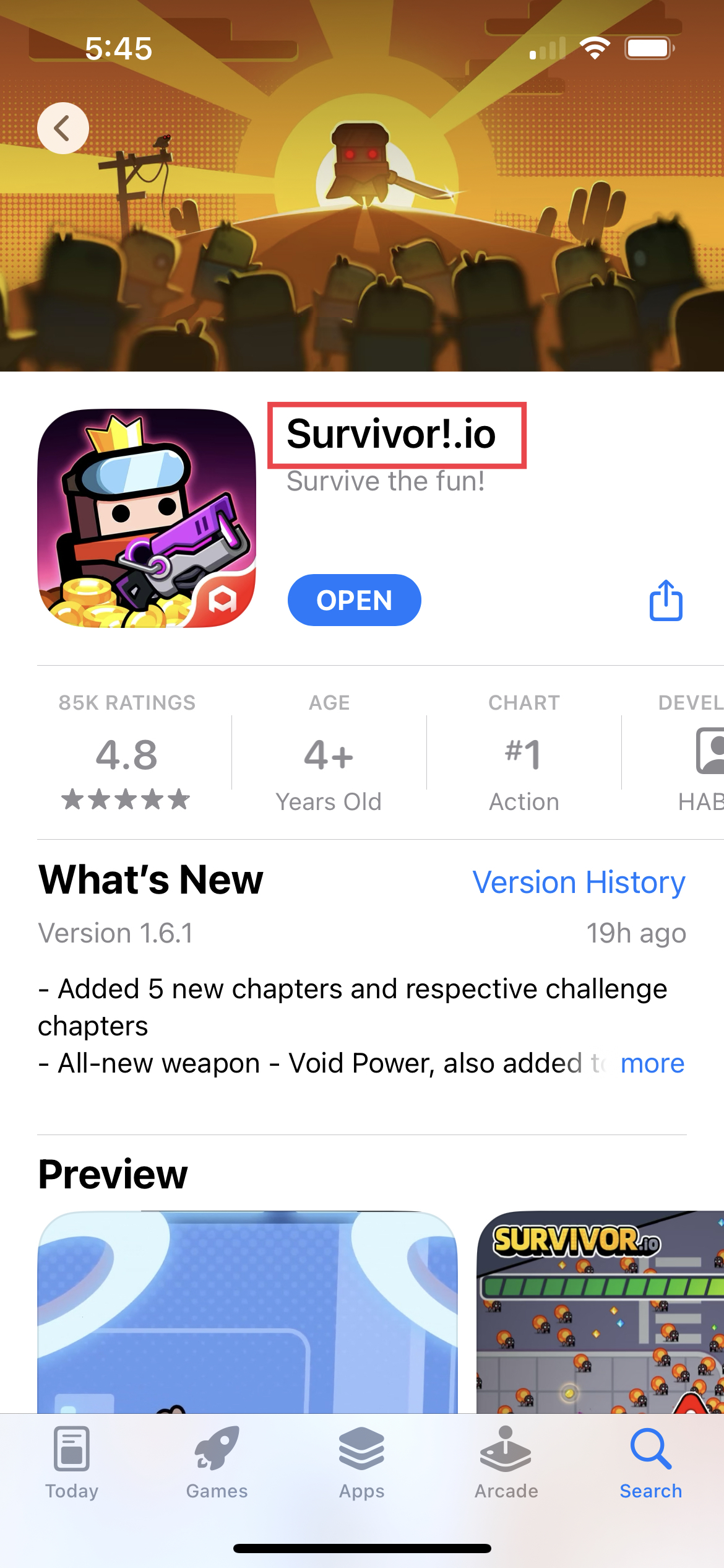 survivor.io apple app store product page highlighting the app title