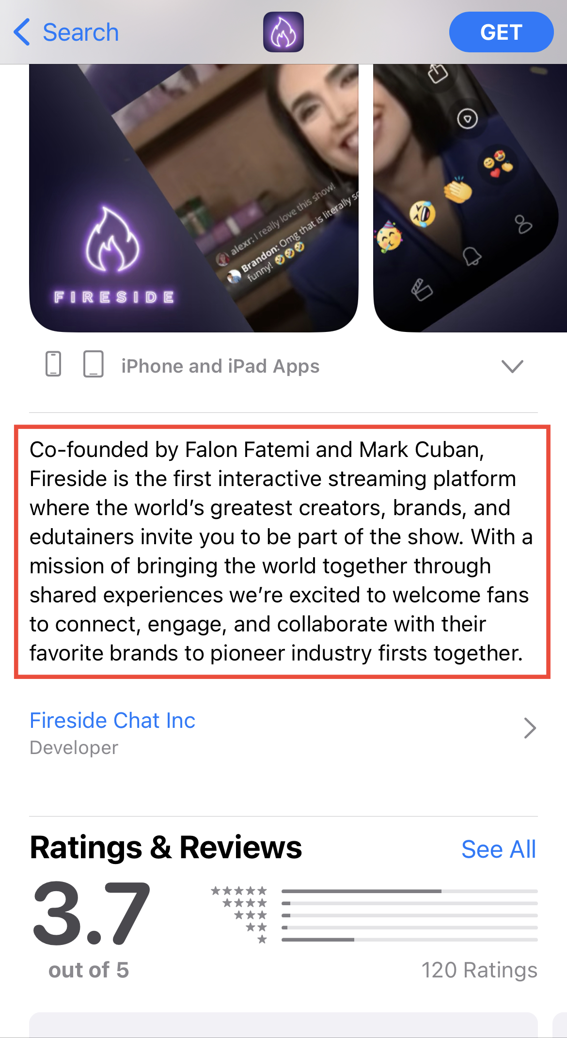 Fireside apple app store description highlighted with red box