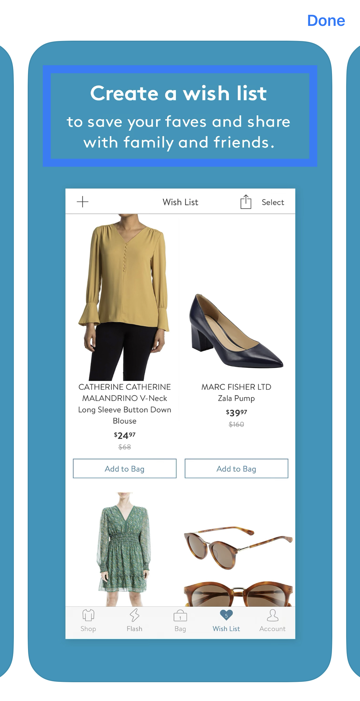 nordstrom rack app screenshot with the words wishlist highlighted in a blue box