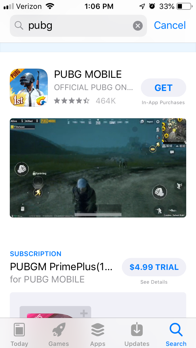 pubg app store search listing with preview video