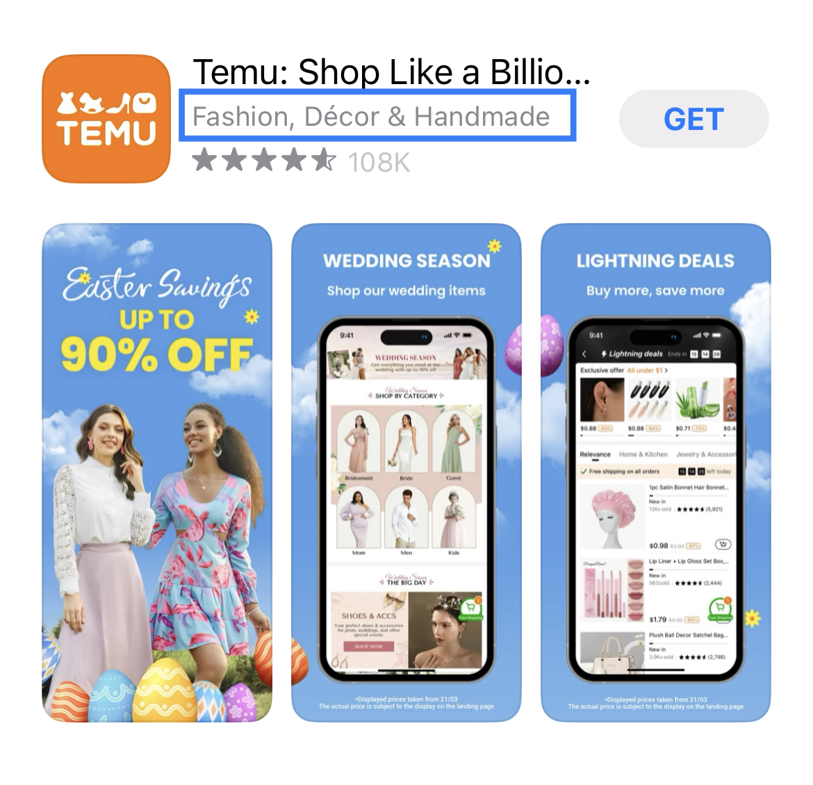 temu apple app store spring 2023 listing with subtitle highlighted