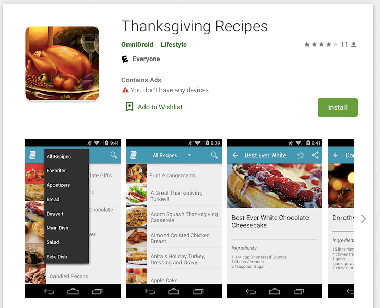 The Thanksgiving Recipes app is built around the keyword and includes screenshots of several Thanksgiving recipes.