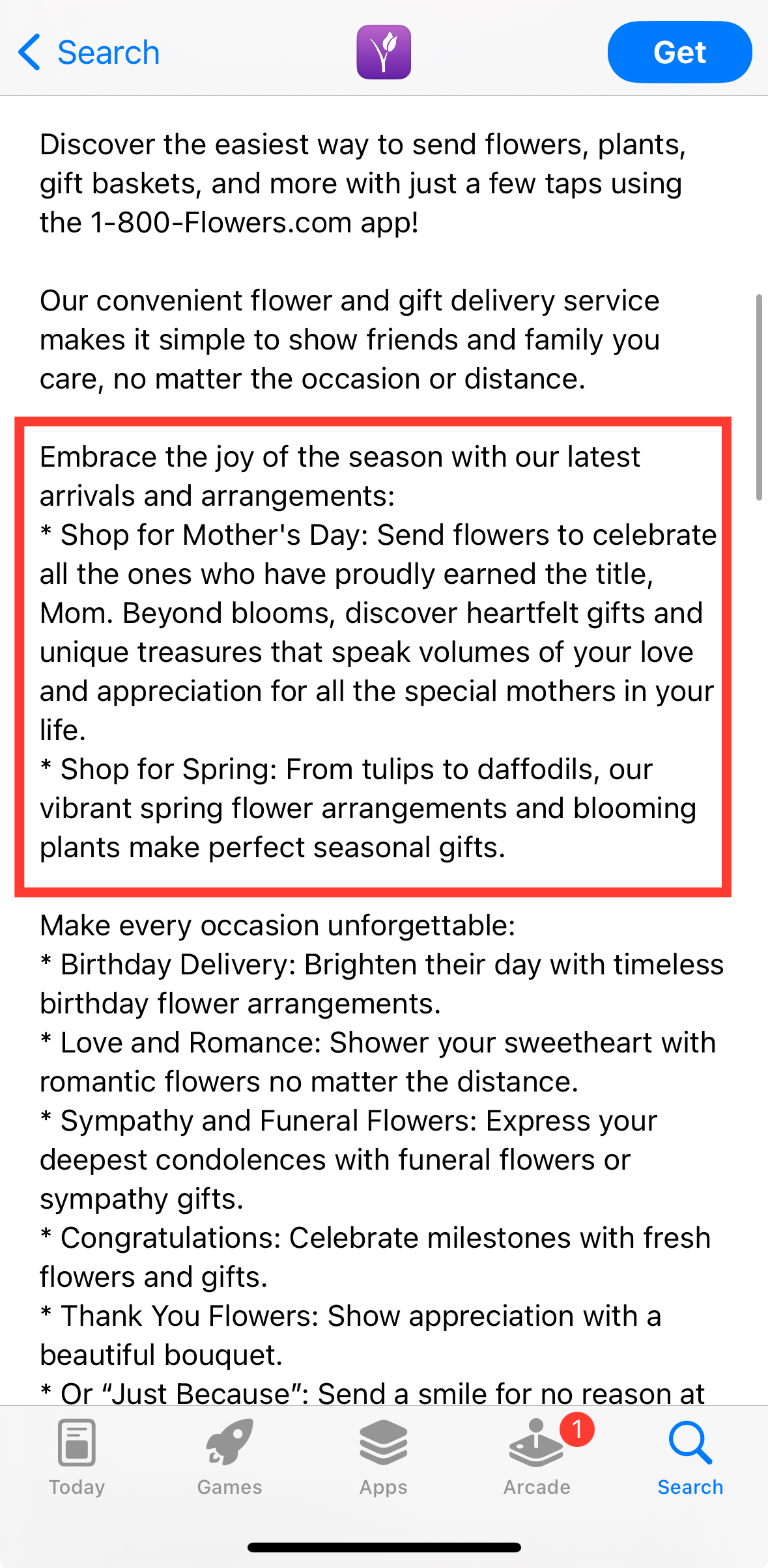 1800 flowers app store description mother's day