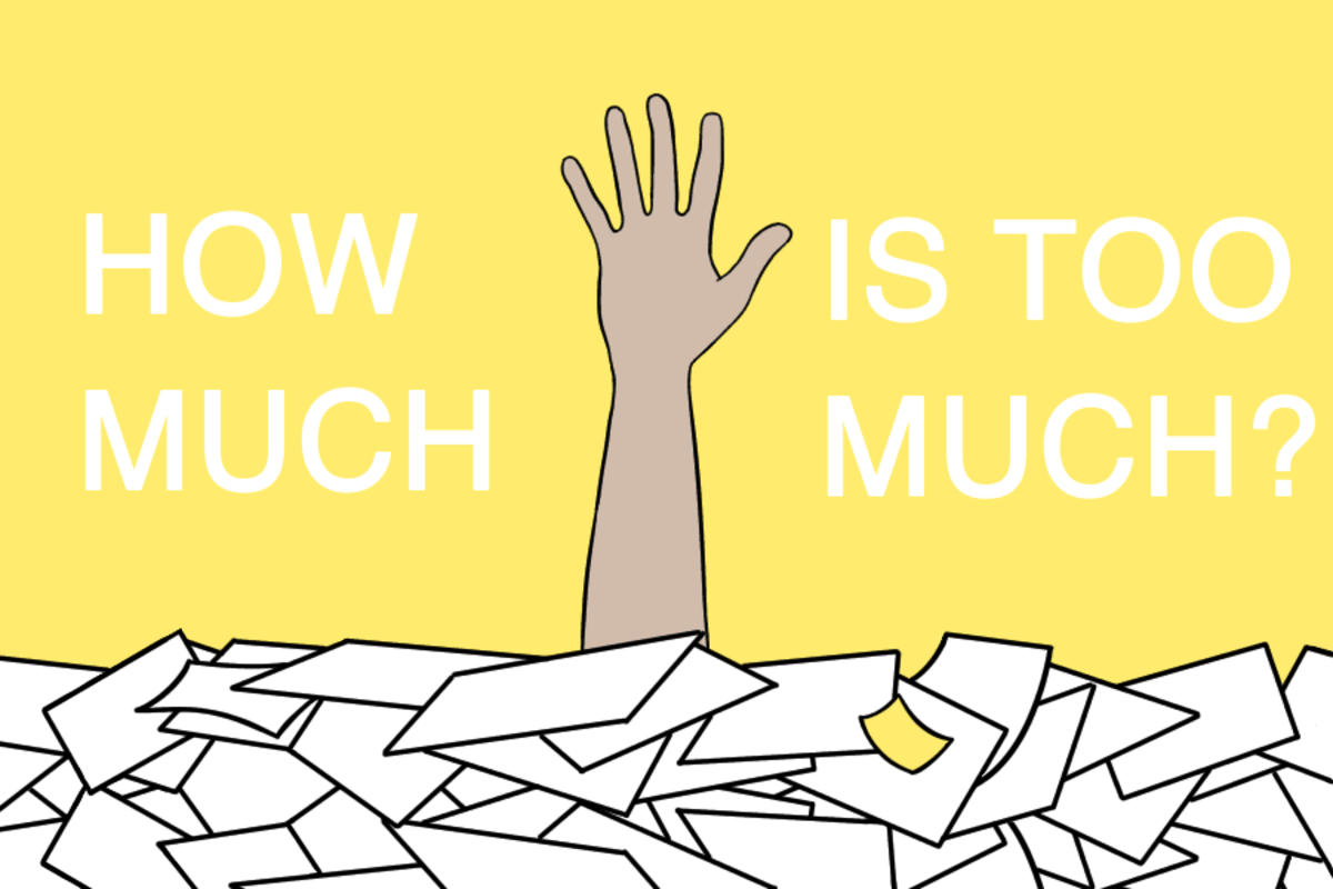 Hand coming out of a pile of papers with the words "How much is too much?"