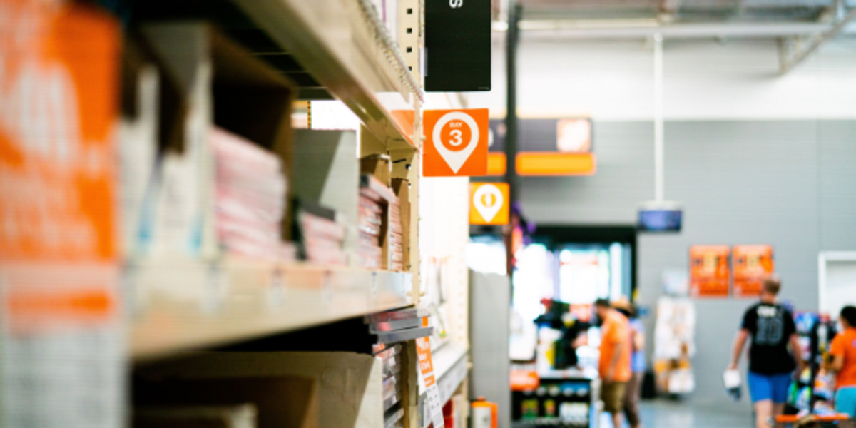 Long shot of an aisle in Home depot