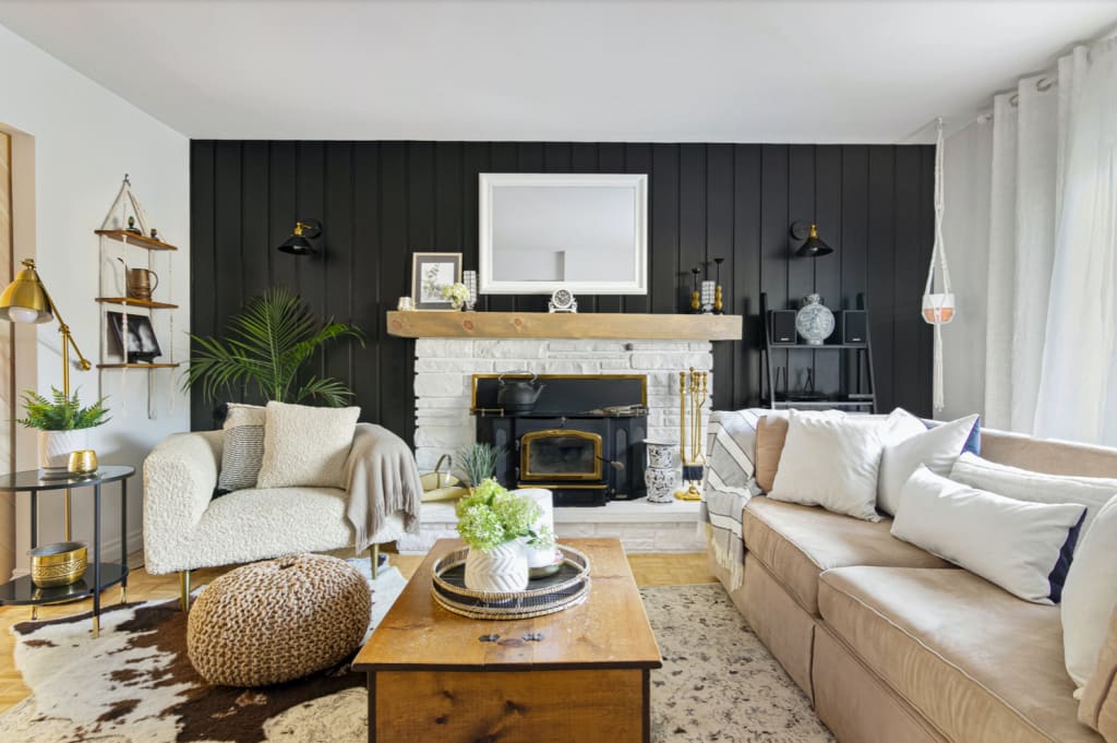 Wooden Black Accent Wall - luxury black living room