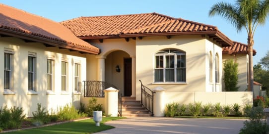 Exterior of a Spanish style house with clay roof tiles, cream stucco walls, and wrought iron railings under warm sunlight. | Sohnne® Exterior of a Spanish style house with clay roof tiles, cream stucco walls, and wrought iron railings under warm sunlight.