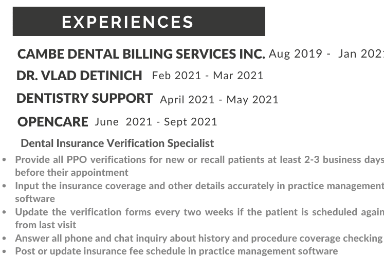 Portfolio for Dental Insurance Billing Specialist