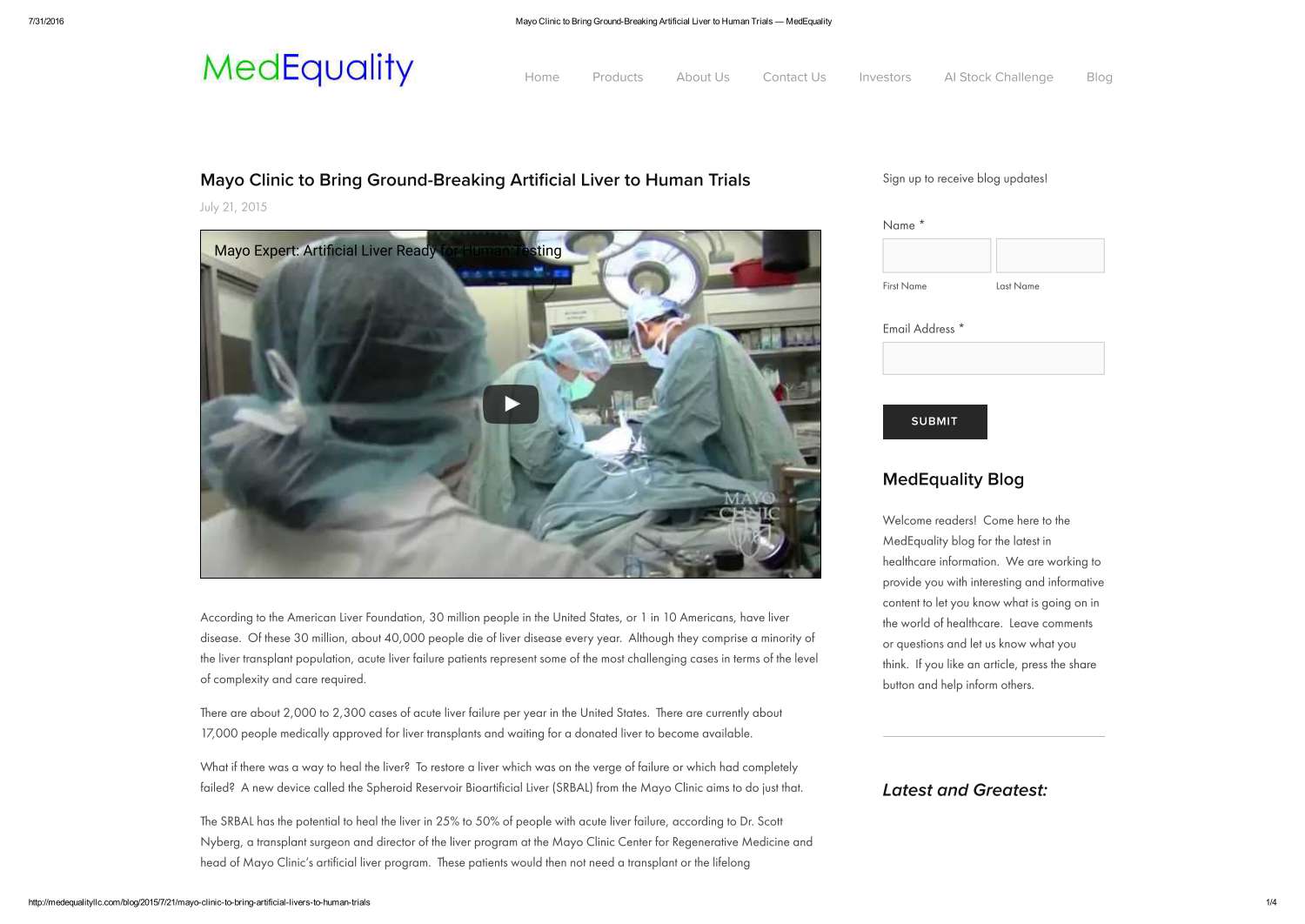 Mayo Clinic to Bring Ground-Breaking Artificial Liver to Human Trials - MedEquality LLC.1.pdf
