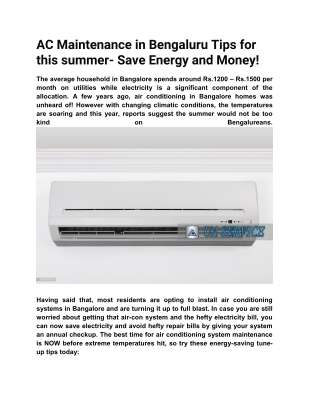 AC Maintenance in Bengaluru Tips for this summer- Save Energy and Money.pdf