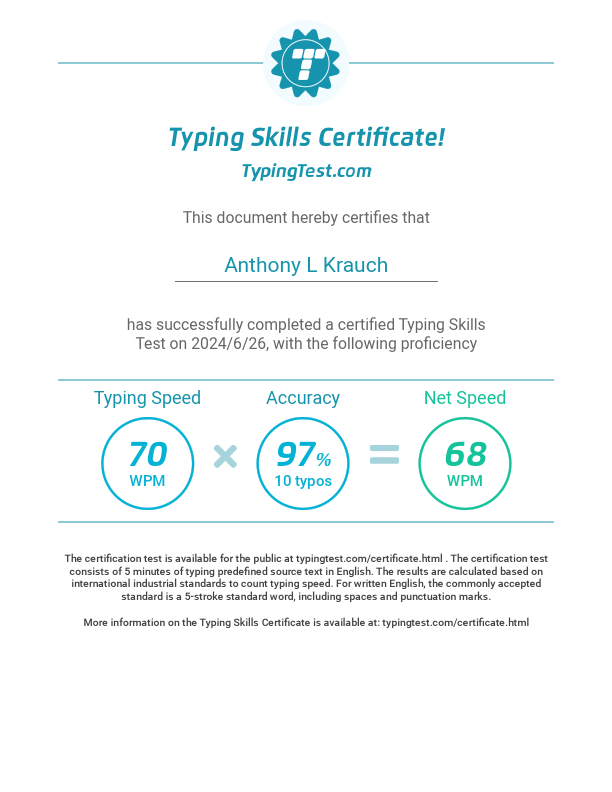 TypingTest.com - Certified Typing Speed on 6.26.24 for Anthony L Krauch.pdf