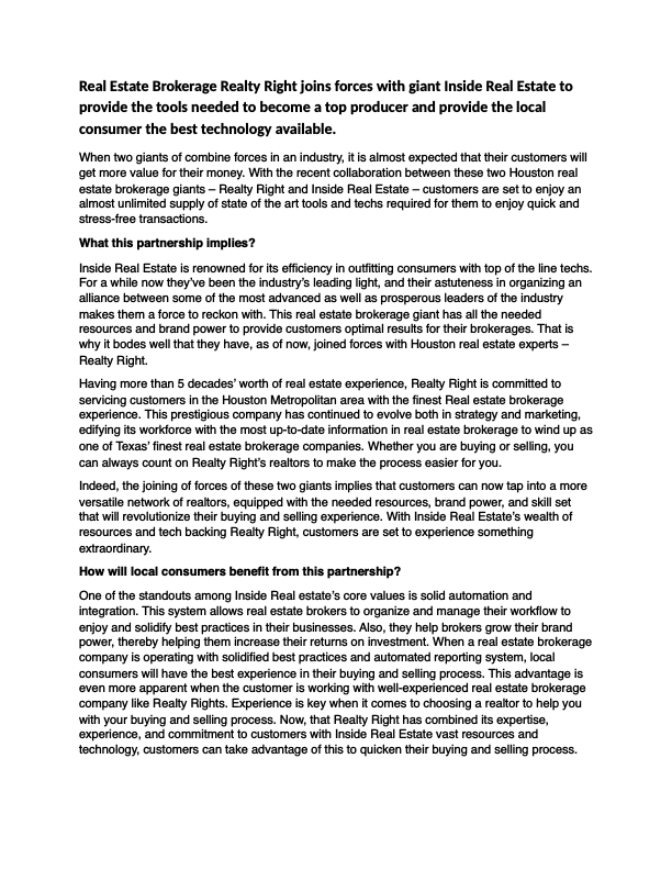 Real Estate brokerage Realty Right joins forces with giant inside real estate to provide the tools needed to become a top producer and provide local consumer the best technology available.pdf
