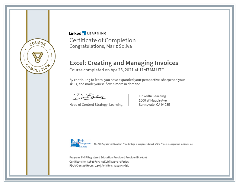 CertificateOfCompletion_Excel Creating and Managing Invoices (1)-PMI.pdf