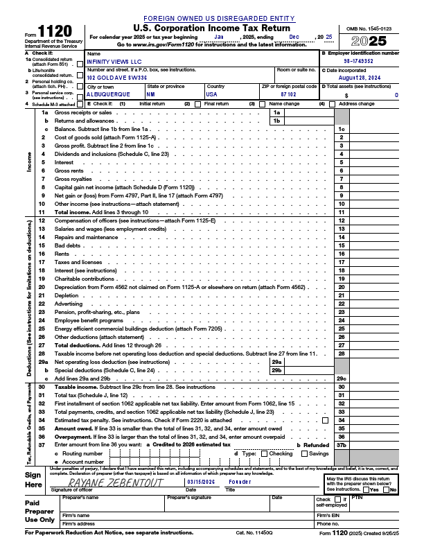 INFINTY VIEWS  LLC - 1120 + 5472 US LLC , US TAXATION , SALES TAX , ANNUAL REPORT.pdf