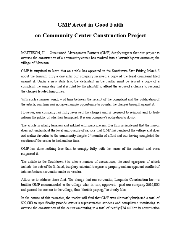 GMP Acted in Good Faith on Community Center Construction Project.pdf
