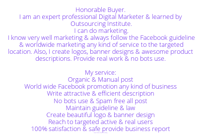 I will share and promote your link and page by Facebook promotion Price section_ ____Basic 1 M Facebook Promotion & marketing. Organic & Manual post, worldwide Facebook promotion, logo & banner design, No bots ____ST.pdf