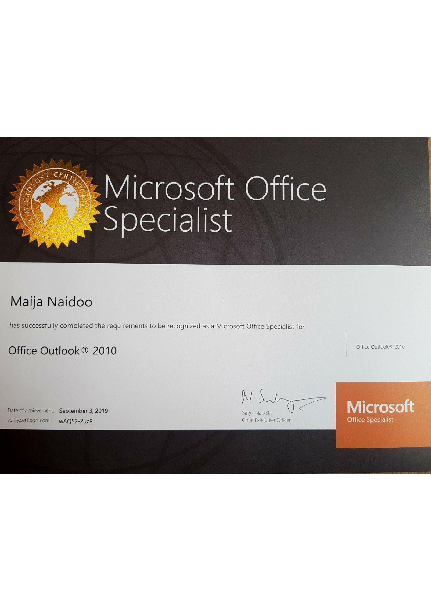 Microsoft Office specialist - Outlook 2010 - Certificate - Sept 2019.pdf