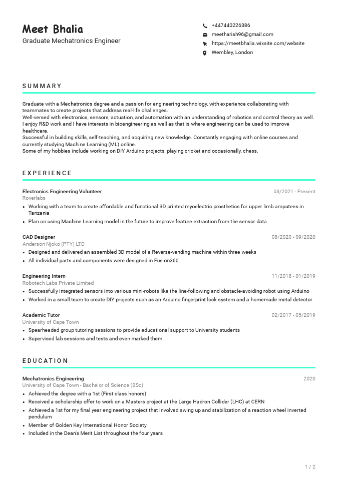Meet Bhalia - Graduate Mechatronics Engineer - CV.pdf