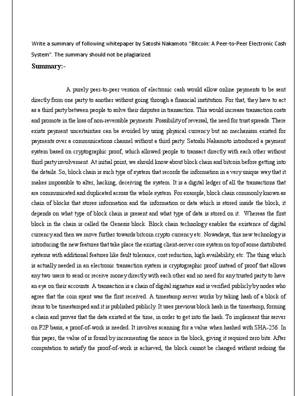 Write a summary of following whitepaper by Satoshi Nakamoto.pdf