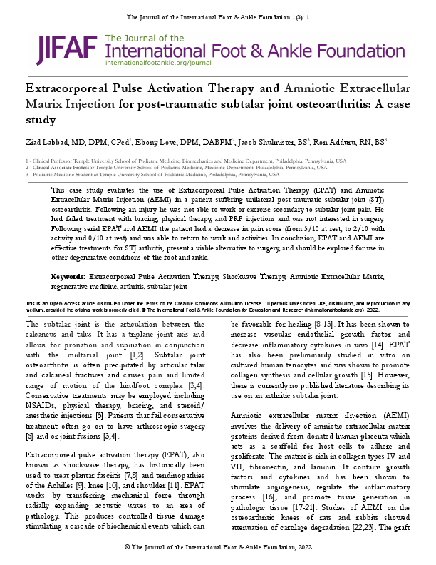 Extracorporeal Pulse Activation Therapy and Amniotic Extracellular Matrix Injection for post-traumatic subtalar joint arthritis- A case study.pdf
