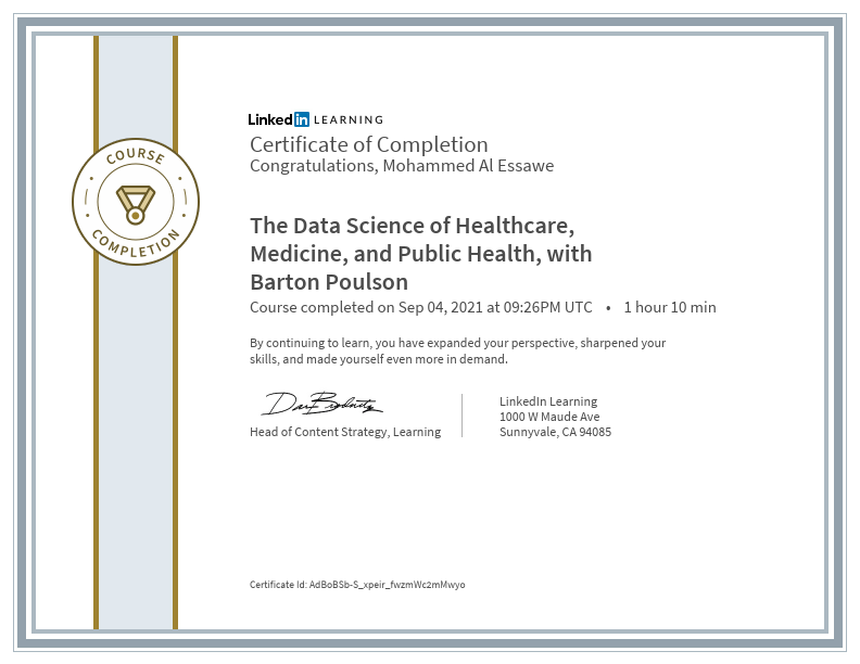 CertificateOfCompletion_The Data Science of Healthcare Medicine and Public Health with Barton Poulson.pdf.pdf