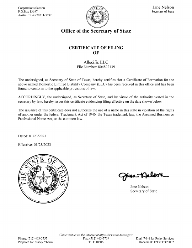 Certificate of formation Allecific LLC.pdf