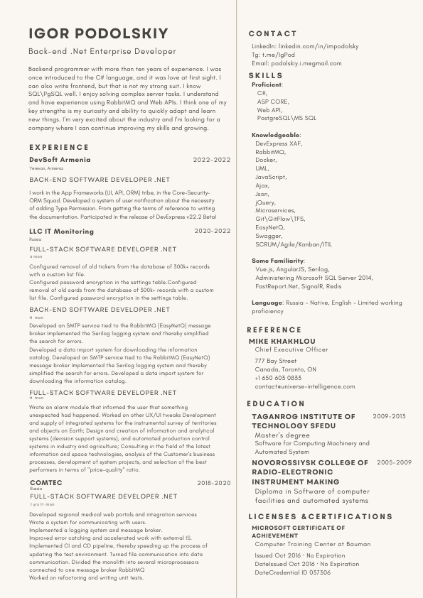 Igor Podolskiy Sofwear Developer Net CV Resume.pdf