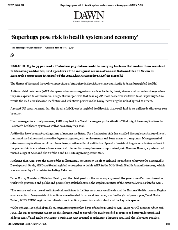 ‘Superbugs pose risk to health system and economy’ - Newspaper - DAWN.COM.pdf