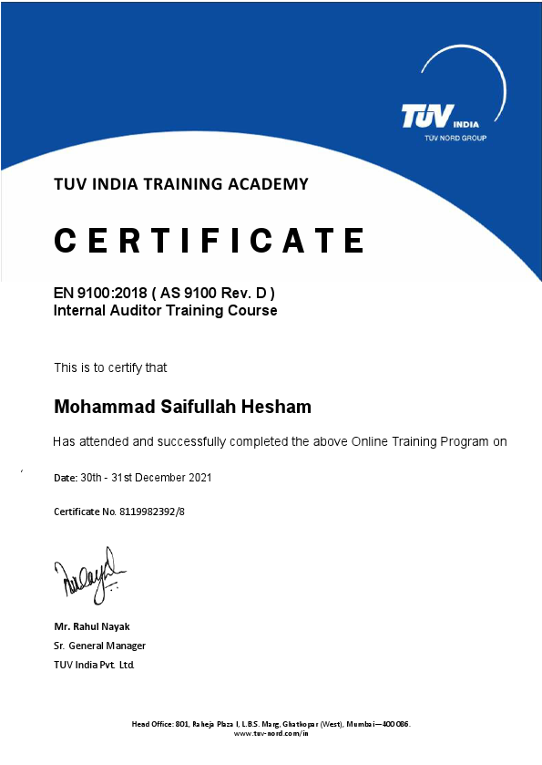 AS9100 Auditior Certificate Saif.pdf