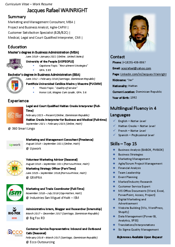 Resume (EN), Jacques R. Wainright, MBA, March 2023.pdf