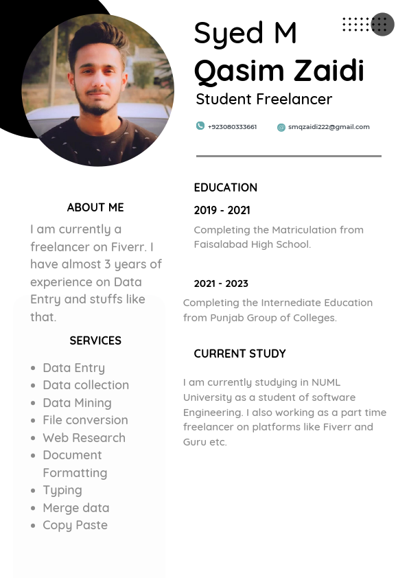 I am currently a freelancer on Fiverr. I have almost 3 years of experience on Data Entry and stuffs like that. I can help my client to achieve his goals. (1).pdf